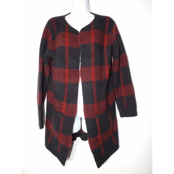 Dress Forum Cardigan Long Duster M/L Buffalo Plaid Red Black Duster Fuzzy Knit - Picture 1 of 11